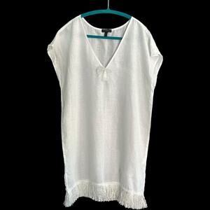 Amazing J.Crew Fringe and Tassel White Linen Swim Pool Cover Up Marked S Fits M